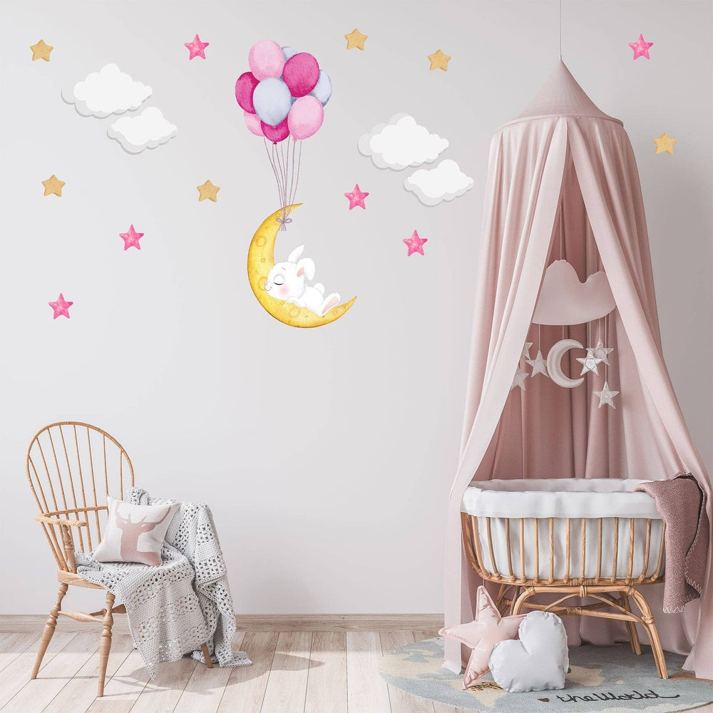 Hello Beautiful Designs sleeping white bunny on a crescent moon wall decal with pastel balloons, clouds and stars for a nursery