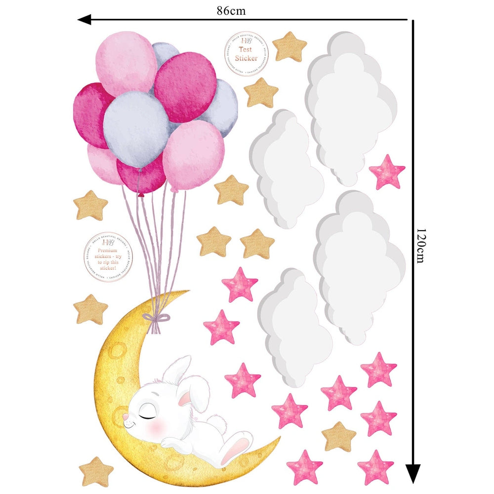 Hello Beautiful Designs Cute Sleeping White Bunny Asleep On Moon Reusable Nursery Wall Stickers