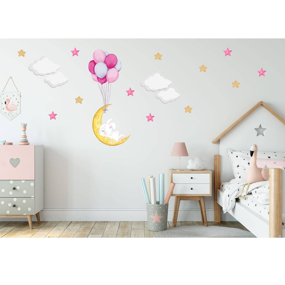 Hello Beautiful Designs Cute Sleeping White Bunny Asleep On Moon Reusable Nursery Wall Stickers