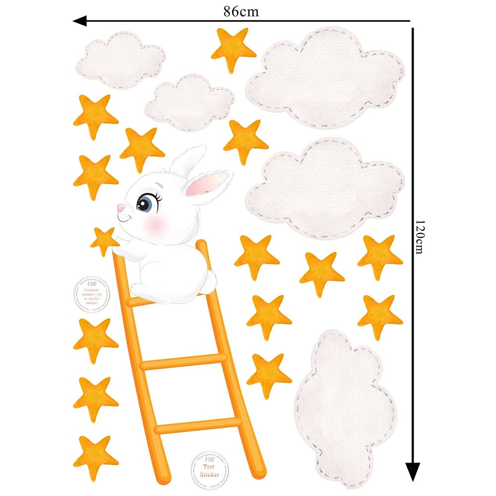Hello Beautiful Designs extra large bunny on a ladder with orange stars and clouds wall sticker for kids room