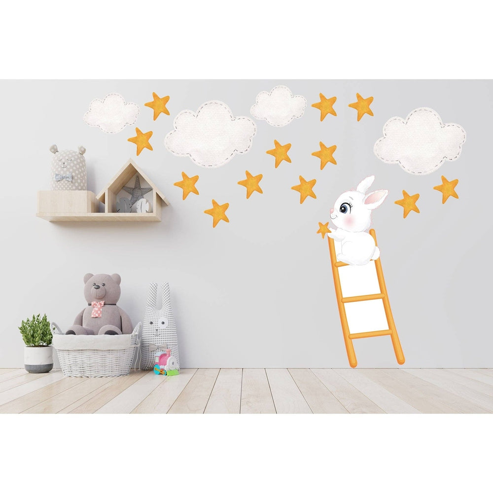 Hello Beautiful Designs extra large bunny wall decal on orange ladder with stars and clouds for nursery
