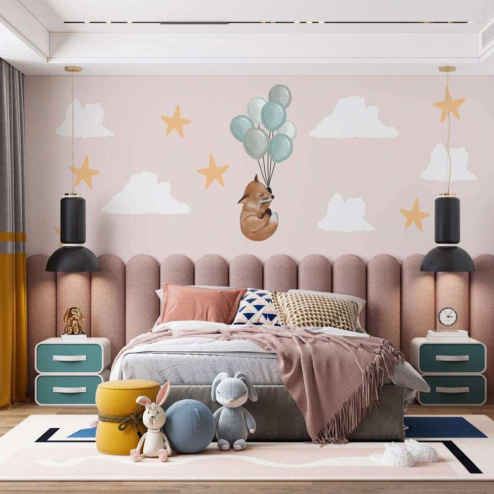 Hello Beautiful Designs fox and blue balloons nursery wall sticker on pink sky with clouds