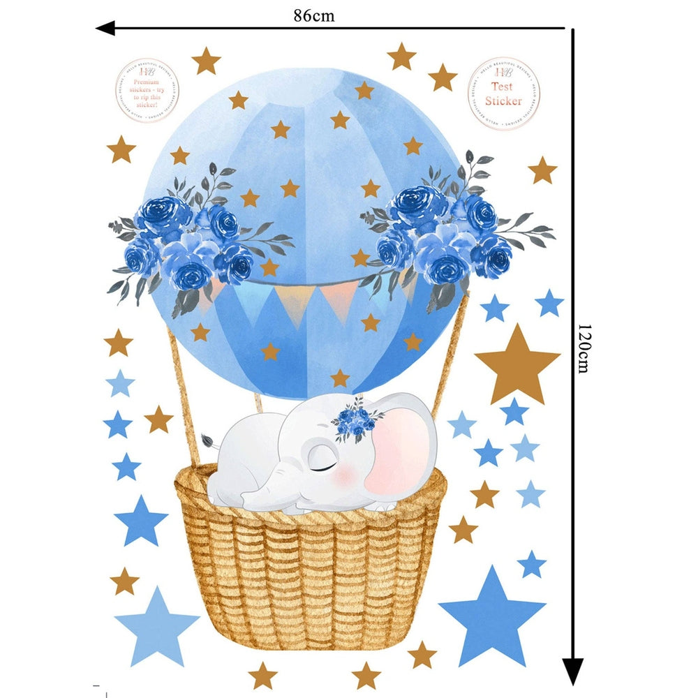 Hello Beautiful Designs sleeping elephant on blue hot-air balloon nursery wall sticker with gold and blue stars
