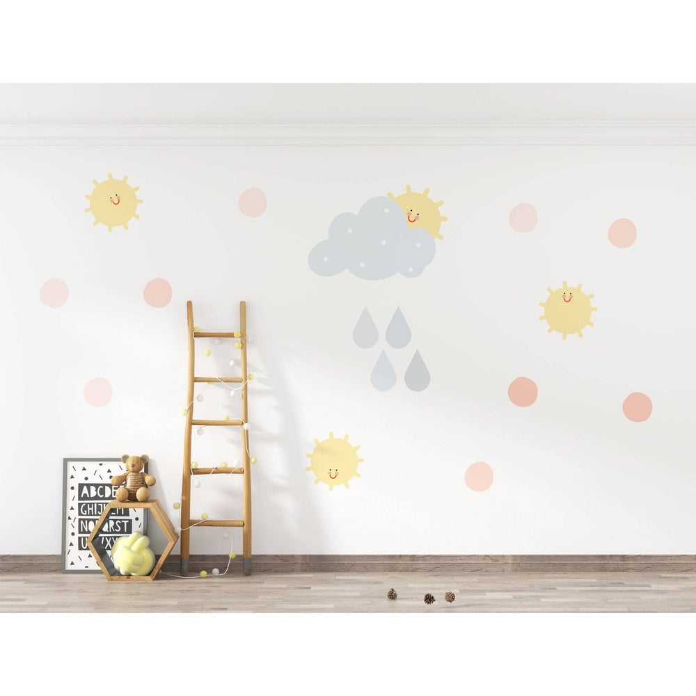 Hello Beautiful Designs sun and rain clouds nursery wall decals; pastel yellow suns, blue cloud, pink dots.