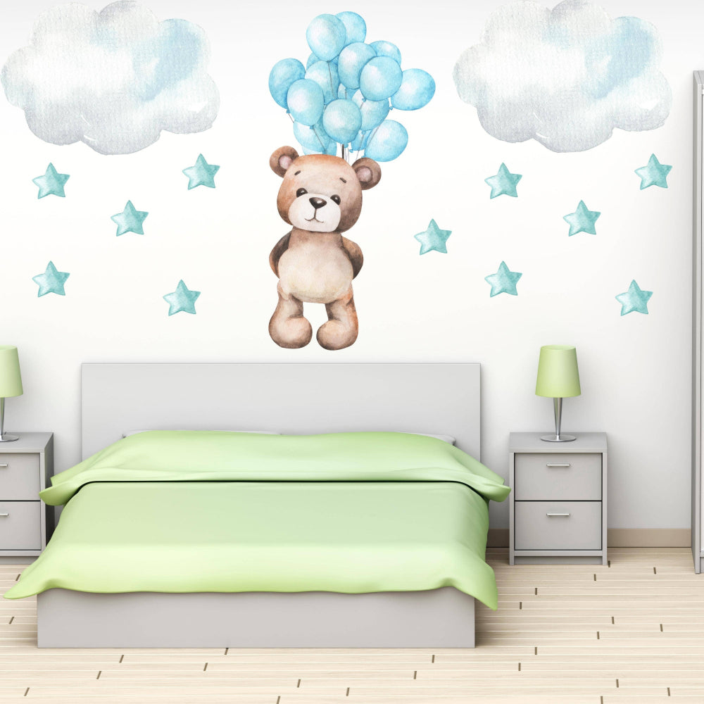 HELLO BEAUTIFUL DESIGNS teddy bear floating with blue balloons nursery wall sticker set with clouds and stars