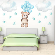 Hello Beautiful Designs Teddy Bear Floating With Balloons, Clouds And Stars, Reusable Nursery Wall Sticker Set