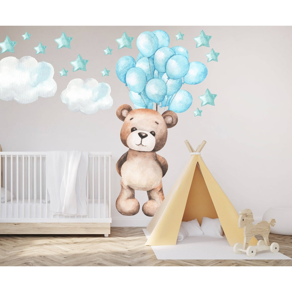 Teddy bear nursery wall sticker set with blue balloons, clouds and stars by Hello Beautiful Designs.