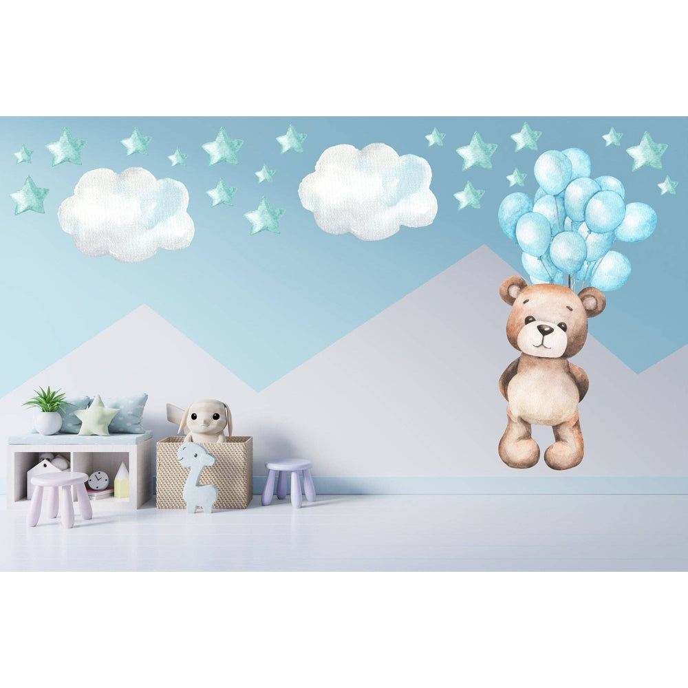 Teddy bear wall sticker set with blue balloons, clouds and stars by Hello Beautiful Designs