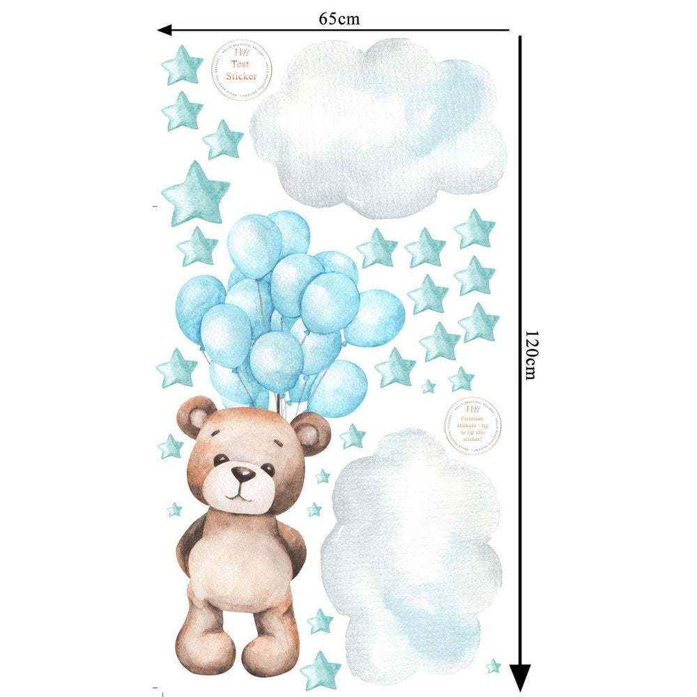 Hello Beautiful Designs Teddy Bear Floating With Balloons, Clouds And Stars, Reusable Nursery Wall Sticker Set