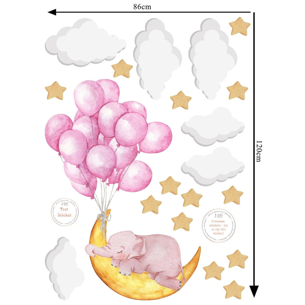 Nursery wall sticker Hello Beautiful Designs: sleeping pink elephant on a crescent moon with pink balloons, clouds and stars