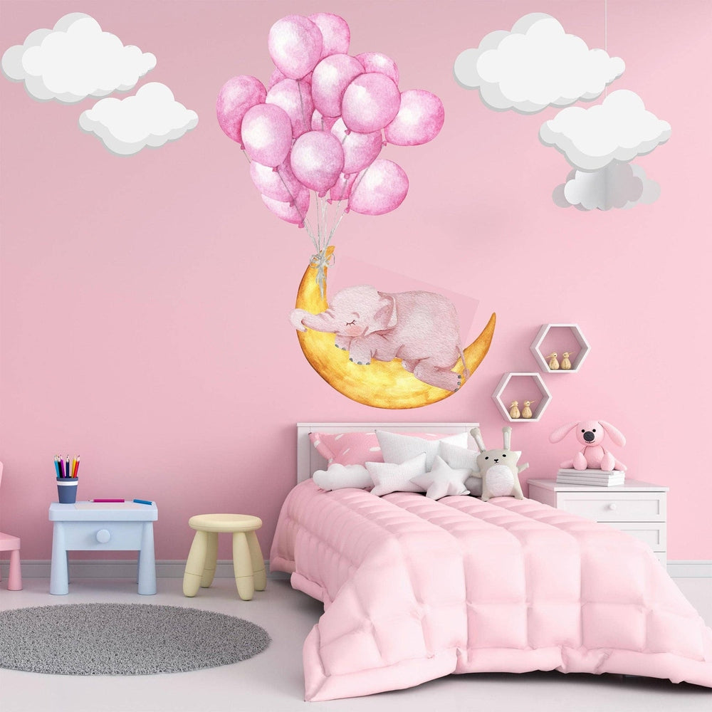 Hello Beautiful Extra Large Sleeping Elephant On Moon With Floating Pink Balloons Clouds And Stars Reusable Nursery Wall Stickers