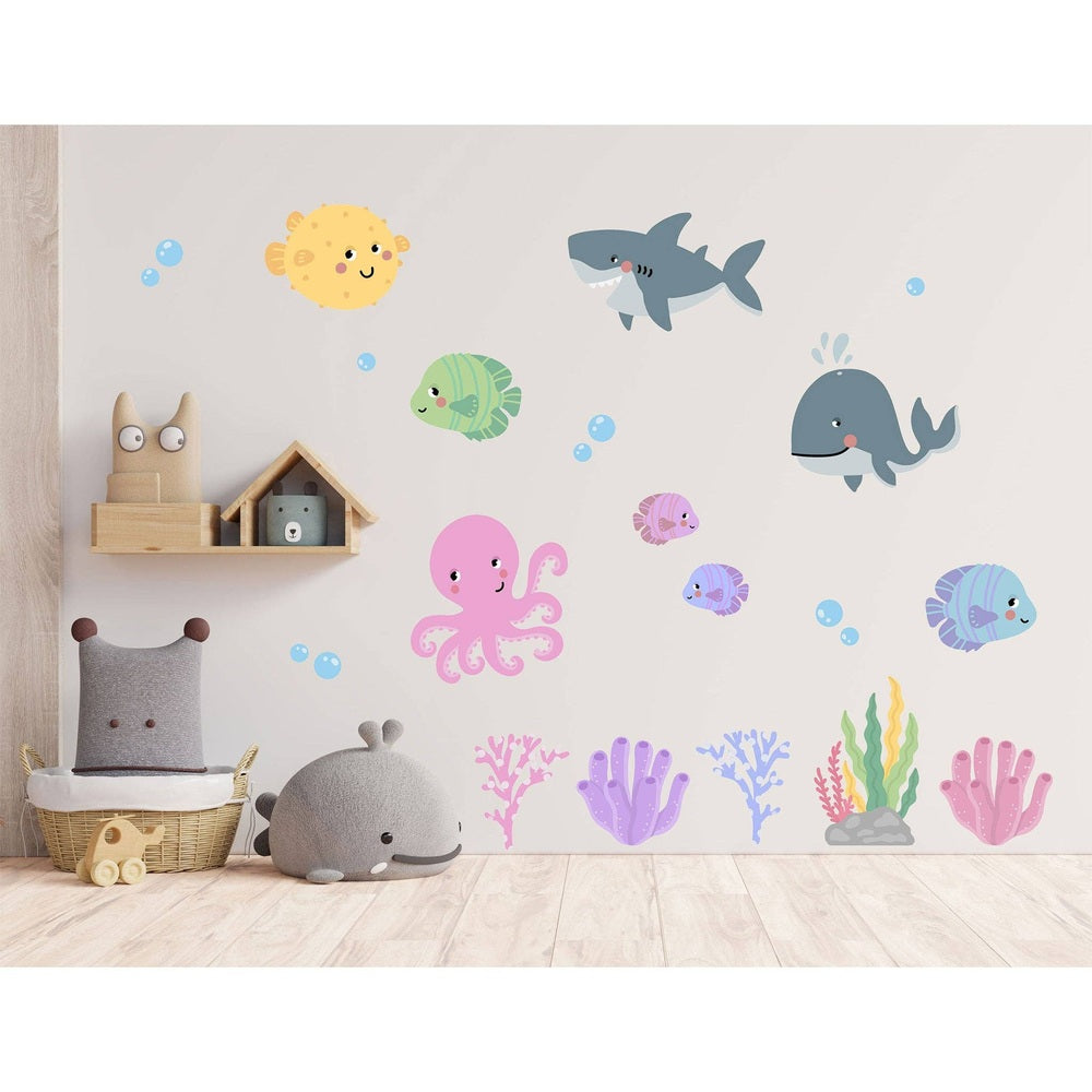 Hello Beautiful Designs ocean creatures nursery wall stickers set in pastel colors with octopus, whale, sharks and coral decor