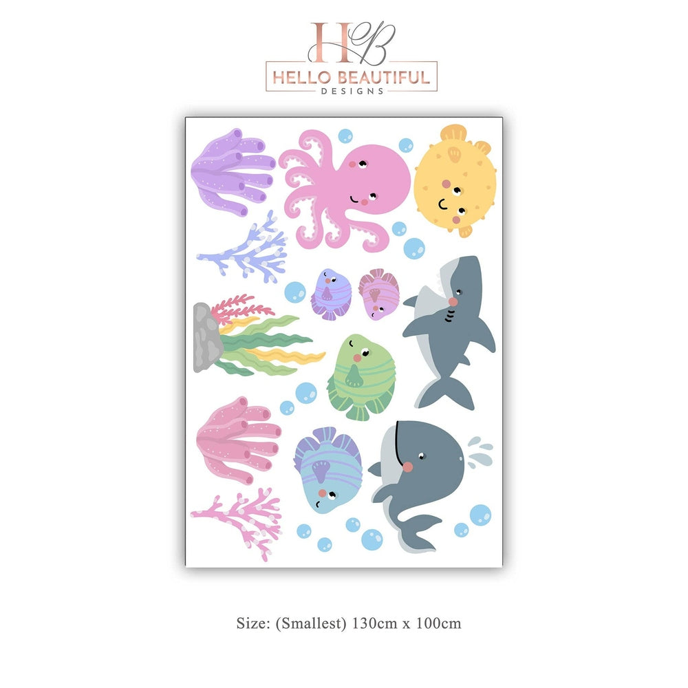 Hello Beautiful Designs ocean creatures nursery wall stickers set with colorful octopus, fish, sharks and coral