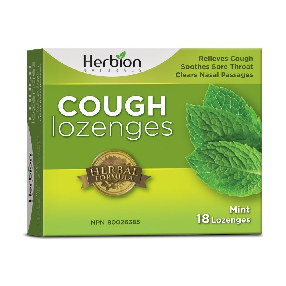 Herbion Naturals Cough Lozenges mint box showing 18 lozenges, herbal logo, and mint leaves graphic.