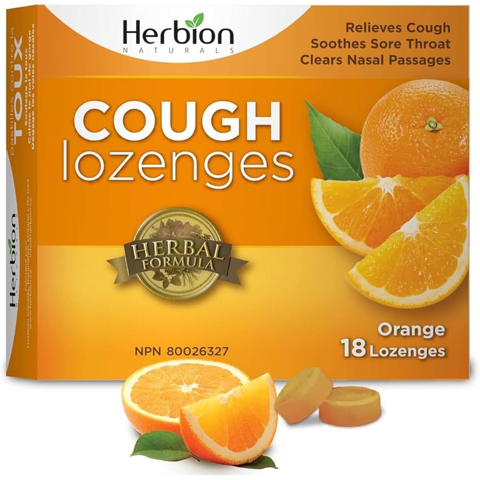 Herbion Naturals Cough Lozenges orange flavor box showing 18 lozenges and orange slices.