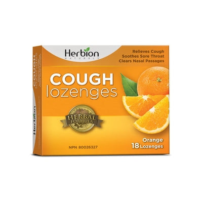 Herbion Naturals Cough Lozenges orange flavor box shows 18 lozenges and herbal formula badge.