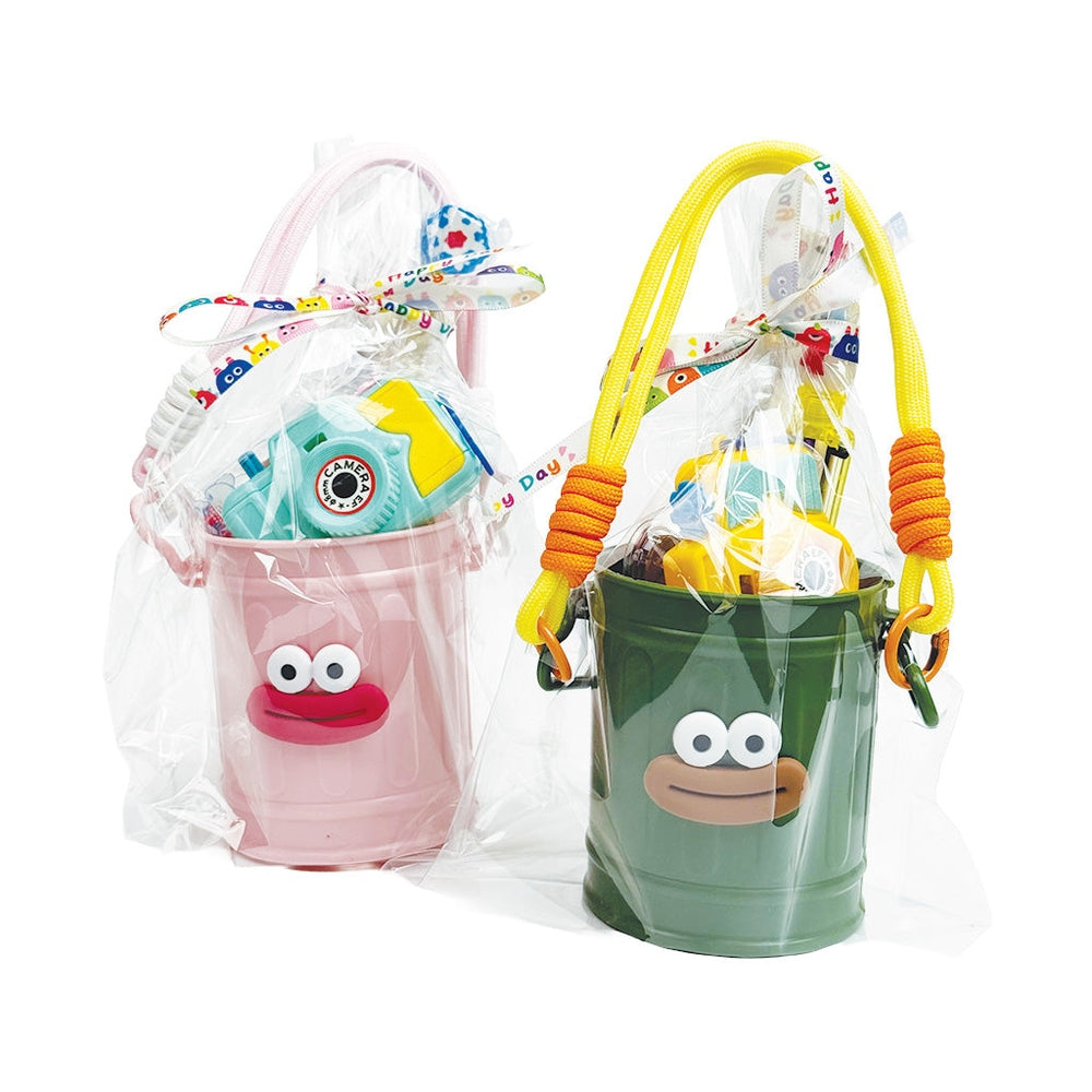 Holiday Stationery Gift Basket by baby enRoute, two colorful buckets with rope handles, filled with toys.