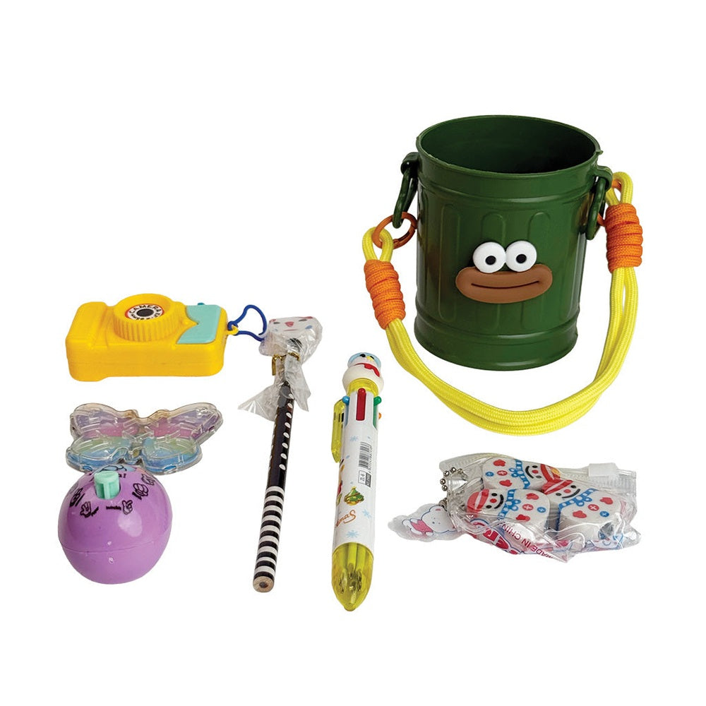 Holiday Stationery Gift Basket by baby enRoute, featuring a green frog bucket with yellow strap and colorful stationery toys.