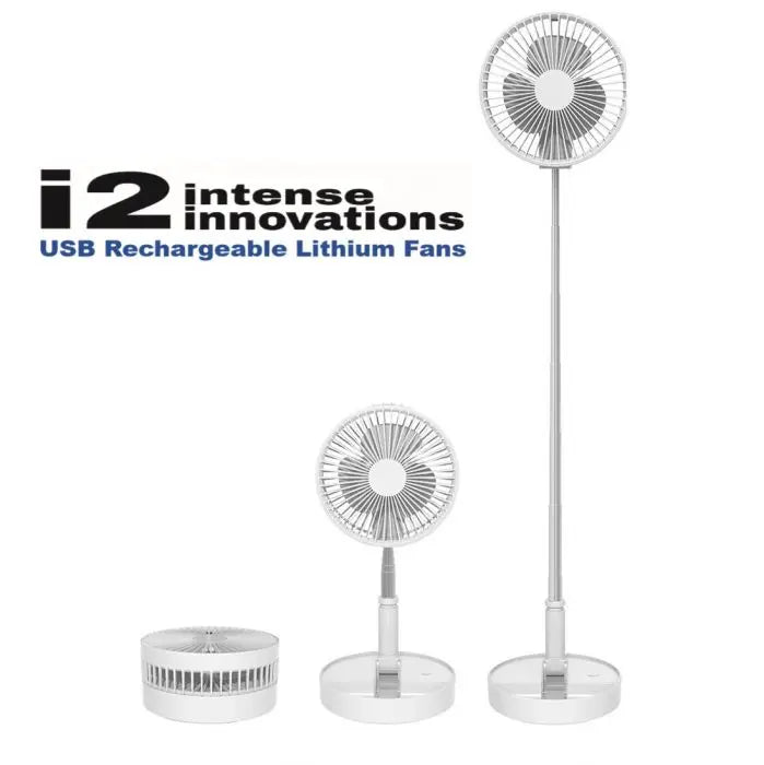 I2 Floor To Table Lithium Battery Fan set in white; tall floor fan, compact desk fan, and portable base.