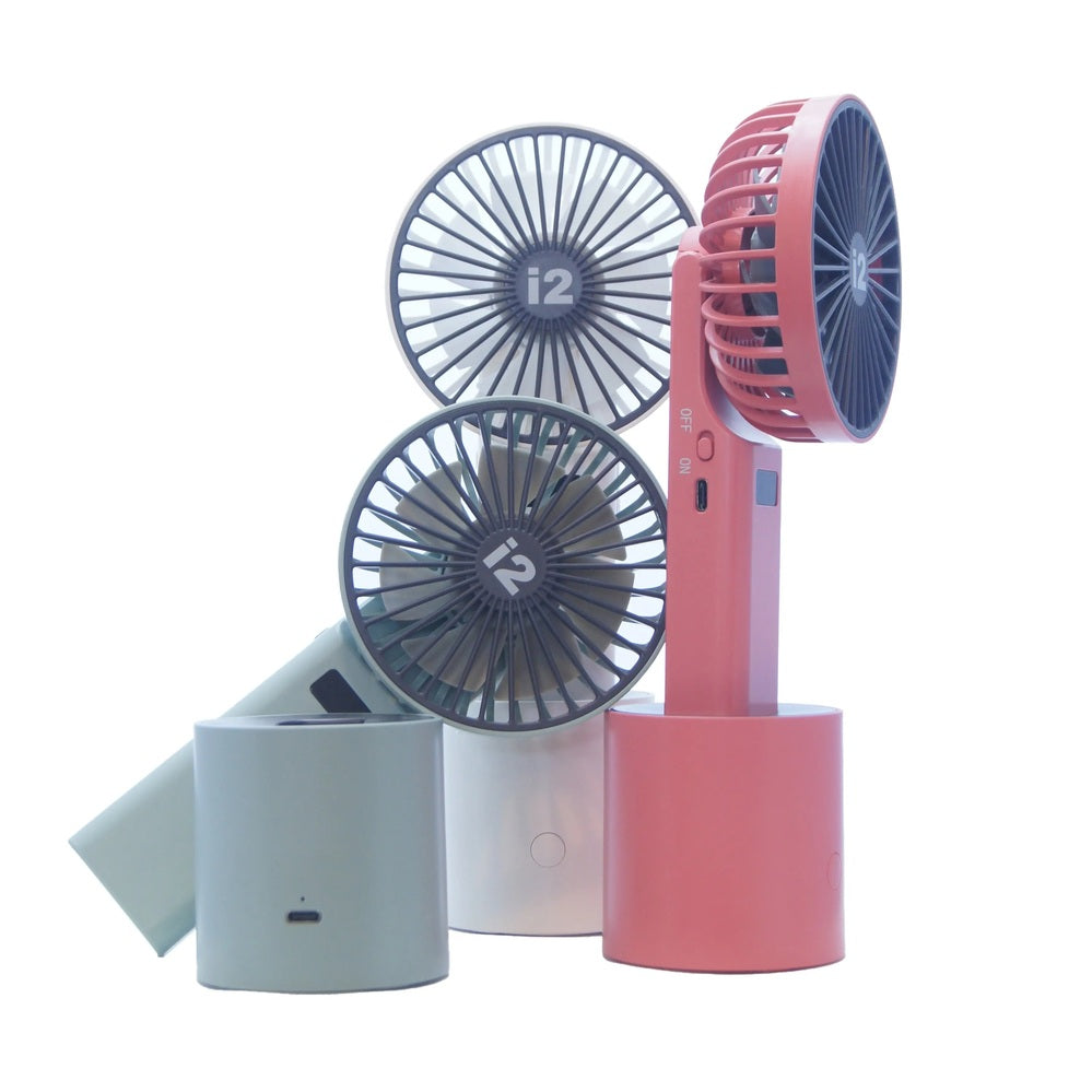 I2 Handheld 5-Speed Lithium Battery Fan in pink, gray, teal, shown with base stand and USB charging port.