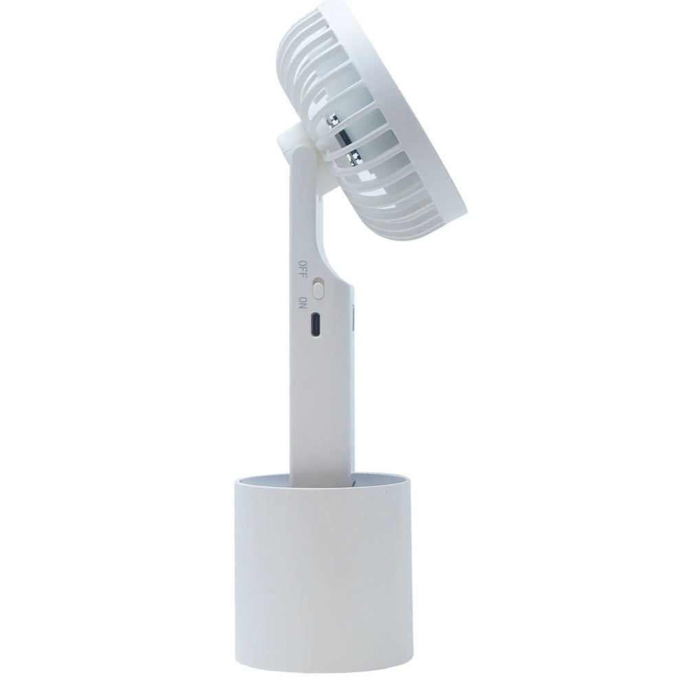 I2 Handheld 5 Speed Lithium Battery Fan, white compact with base stand, tilted upright showing the on/off switch.