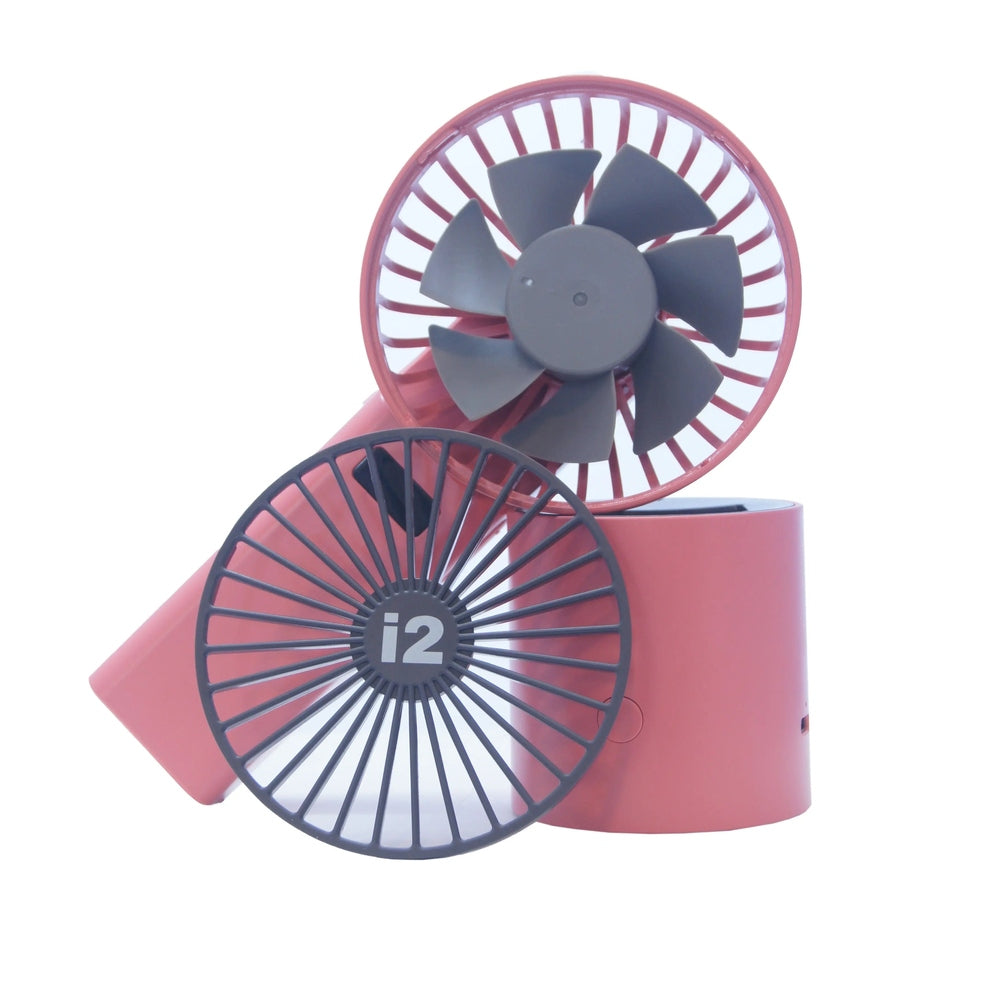 I2 Handheld 5 Speed Lithium Battery Fan in pink, with black grill and gray blades, shown with a spare guard.
