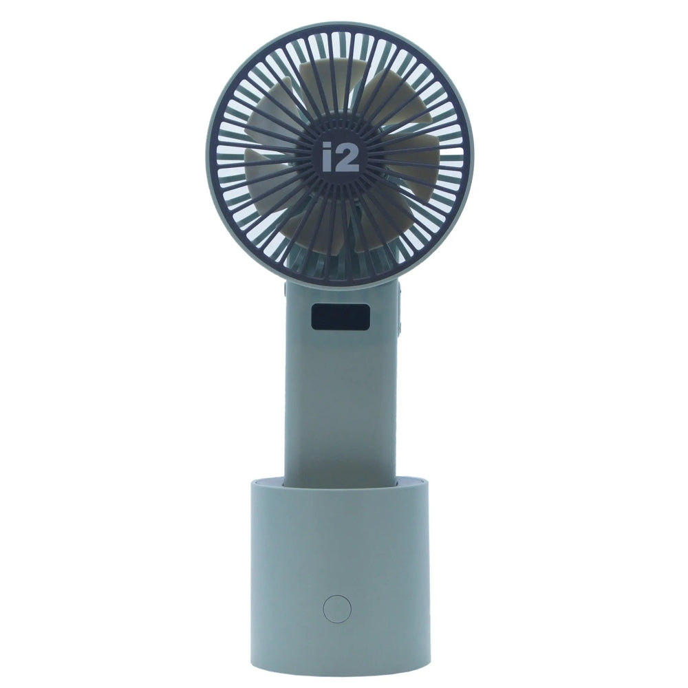 I2 Handheld 5-Speed Lithium Battery Fan in gray, standing on its cylindrical base with a power button.