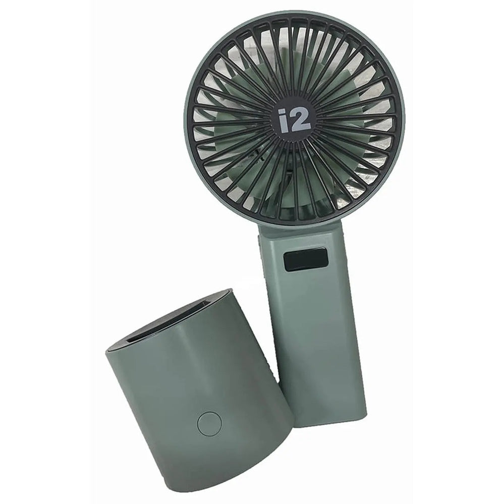 I2 Handheld 5-Speed Lithium Battery Fan in green, shown with foldable stand and compact grip.