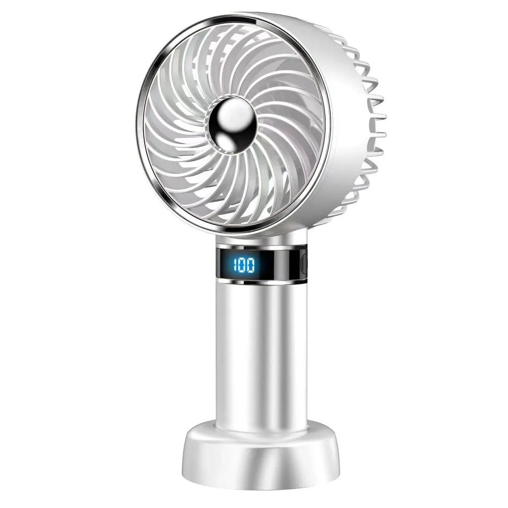 I2 Handheld 5-speed lithium battery fan on a silver stand with digital display reading 100.