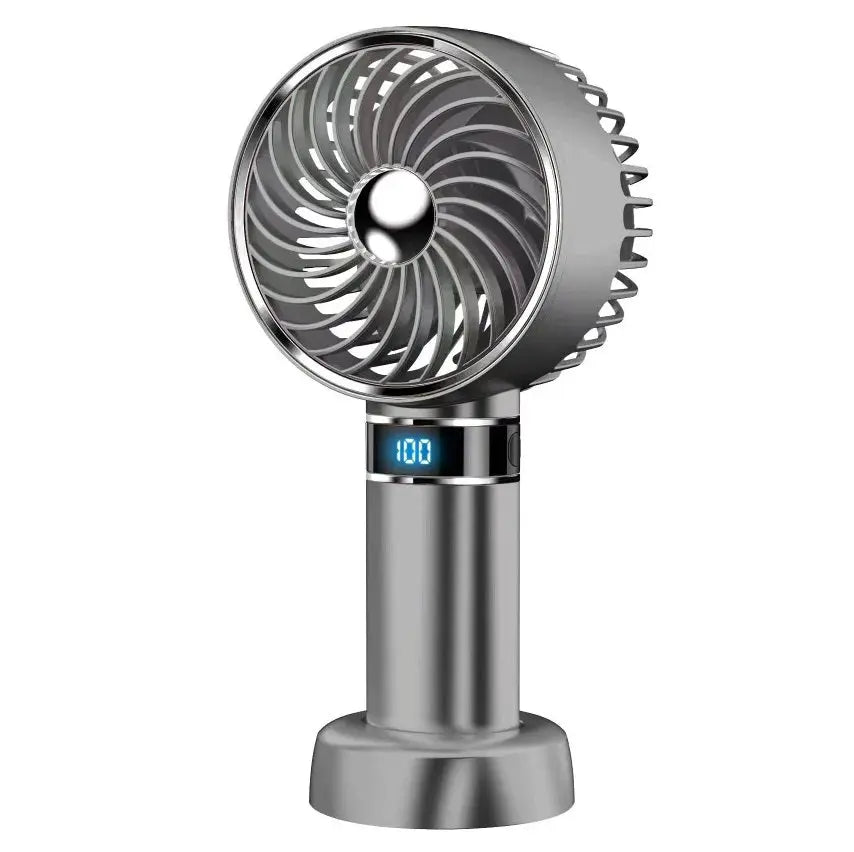 I2 Handheld fan with 5 speeds and digital display; silver unit showing 100 on LED readout.