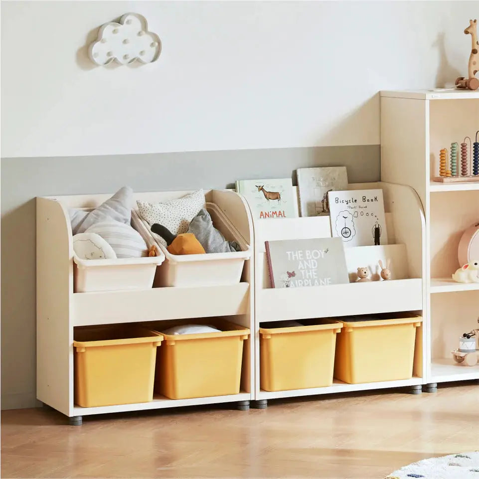 Iloom Eddi kids bookshelf set of two with yellow storage bins
