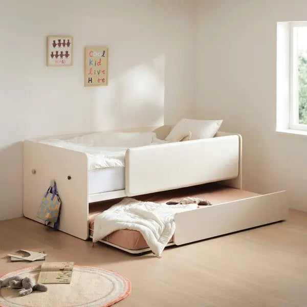 Iloom Eddi kids sliding bed with white finish and pull-out drawer