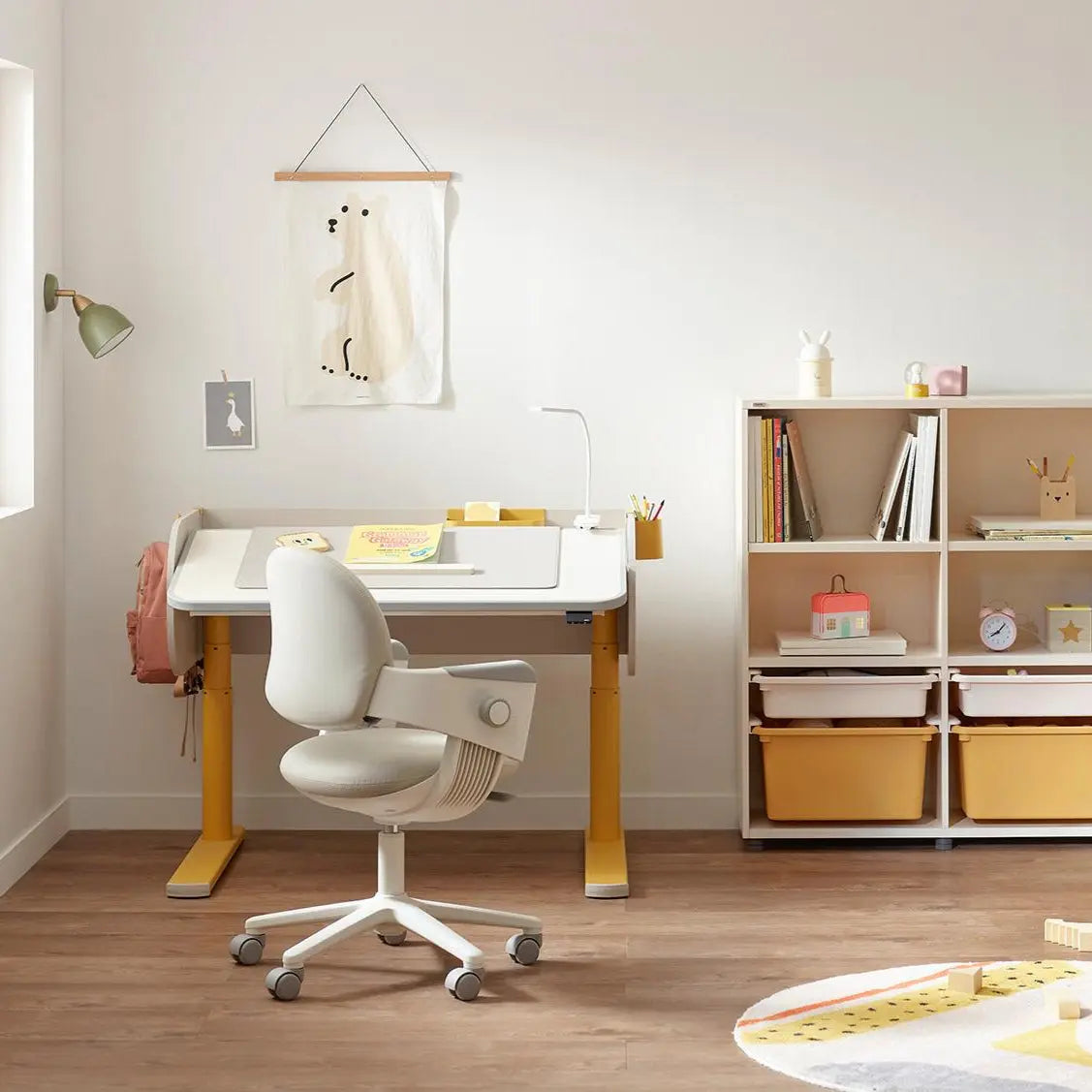 Iloom Jerome Motion Desk, white tabletop with yellow legs