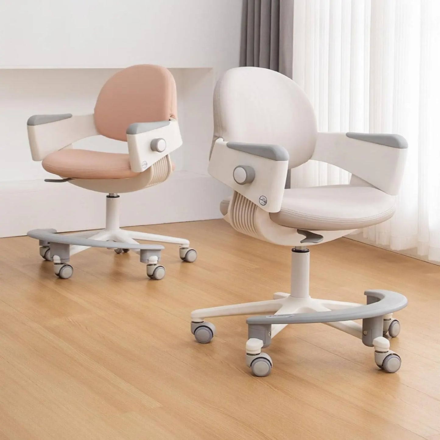Iloom Ringo I chair pair; pink and white cushions with footrests