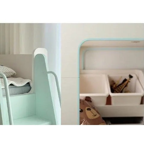 Iloom Cabin Bunk Bed (Ladder Type) in mint green with a toddler cabin sleeping nook and accessible ladder.