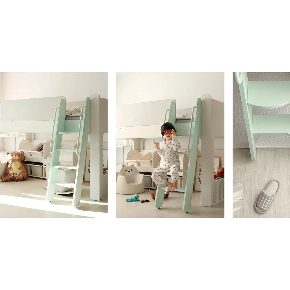 ILOOM Cabin Bunk Bed with ladder in mint green; a child climbs the rung in a cozy toddler bedroom.