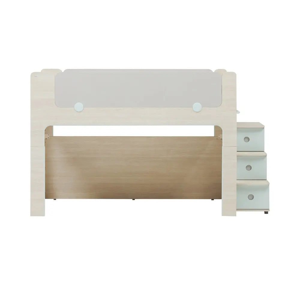 ILOOM Cabin Bunk Bed with stairs; light wood frame, white accents, right-side three-drawer chest