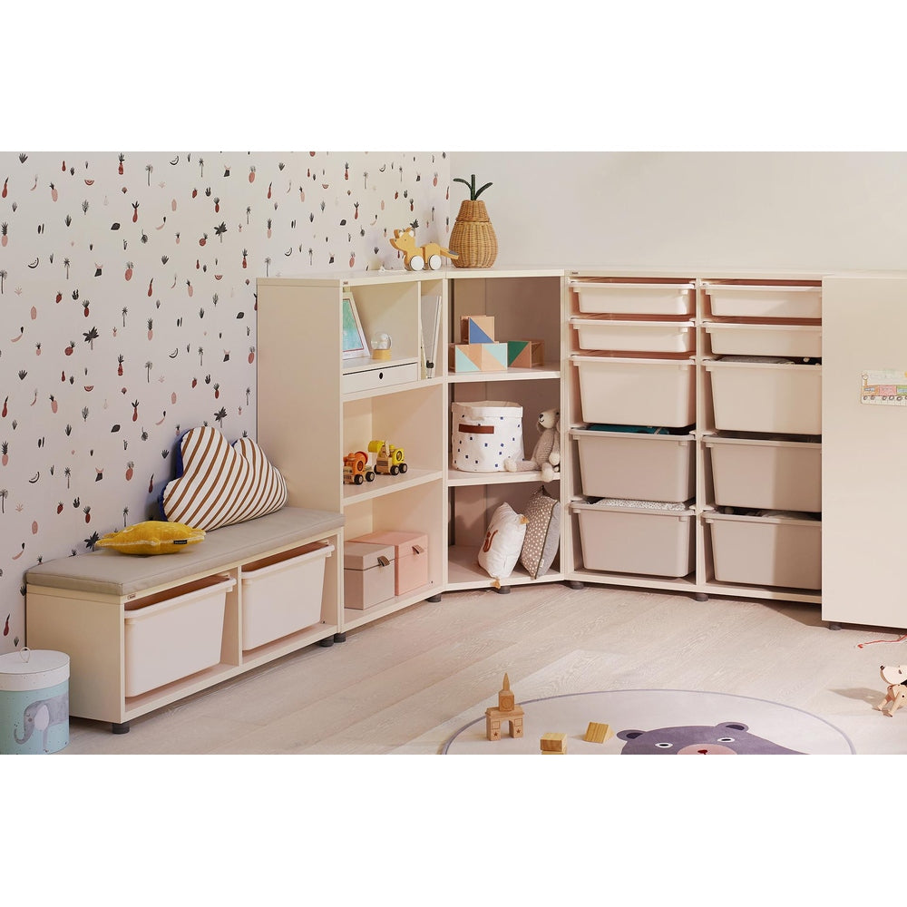 Iloom Eddi Kids 3-Story Corner Bookshelf with white storage bins and cushioned bench seating