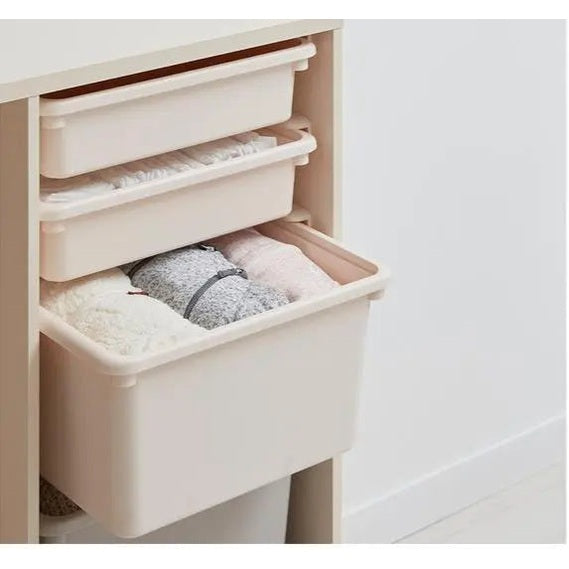 Iloom Eddi Kids Wardrobe (Storage Type) 1150W with beige pull-out bins storing folded clothes.