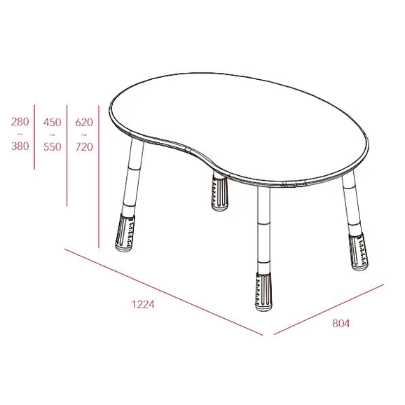 ILOOM Growing Desk Peanut 1200W, peanut‑shaped activity table with adjustable-height legs and textured feet.