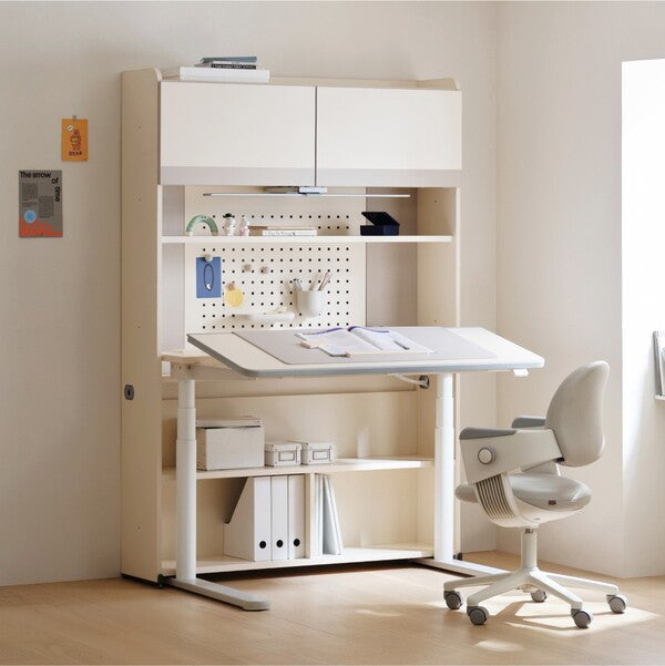Iloom Linki Plus Motion Desk 1200W cream desk with white frame and built-in storage cabinet