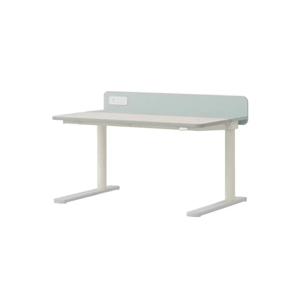Iloom Linki Plus Motion Desk with pale blue back panel and white frame, height-adjustable legs and built-in outlet.