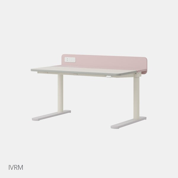 Iloom Linki Plus Motion Desk with pink back panel and white top, cream legs, ready for use.
