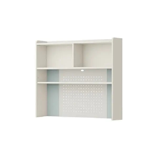 ILOOM Linki Plus Smart Desk 1200W white four‑story bookshelf with pegboard back and open cubbies.