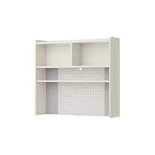 Iloom Linki Plus Smart Desk+ 4-story stacking shelf, white wall-mounted bookshelf with pegboard panel.