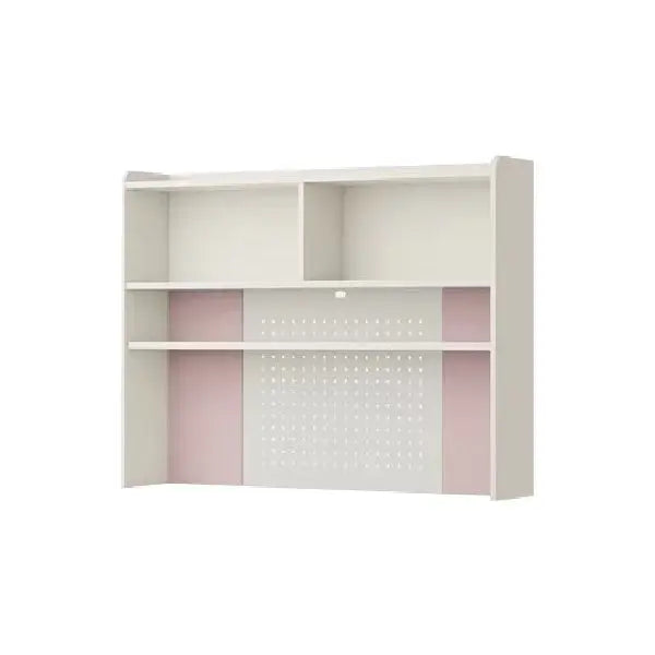 ILOOM Linki Plus Smart Desk 1400W four-story shelf, white with pink panels, wall-mounted desk and pegboard.