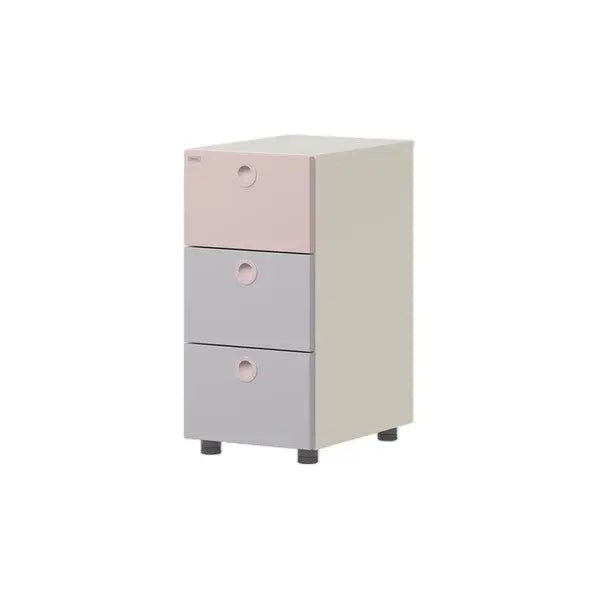 Iloom Linki Plus Smart Desk+ 3-Drawer Pedestal: pink top, gray two lower drawers on beige body with short legs.