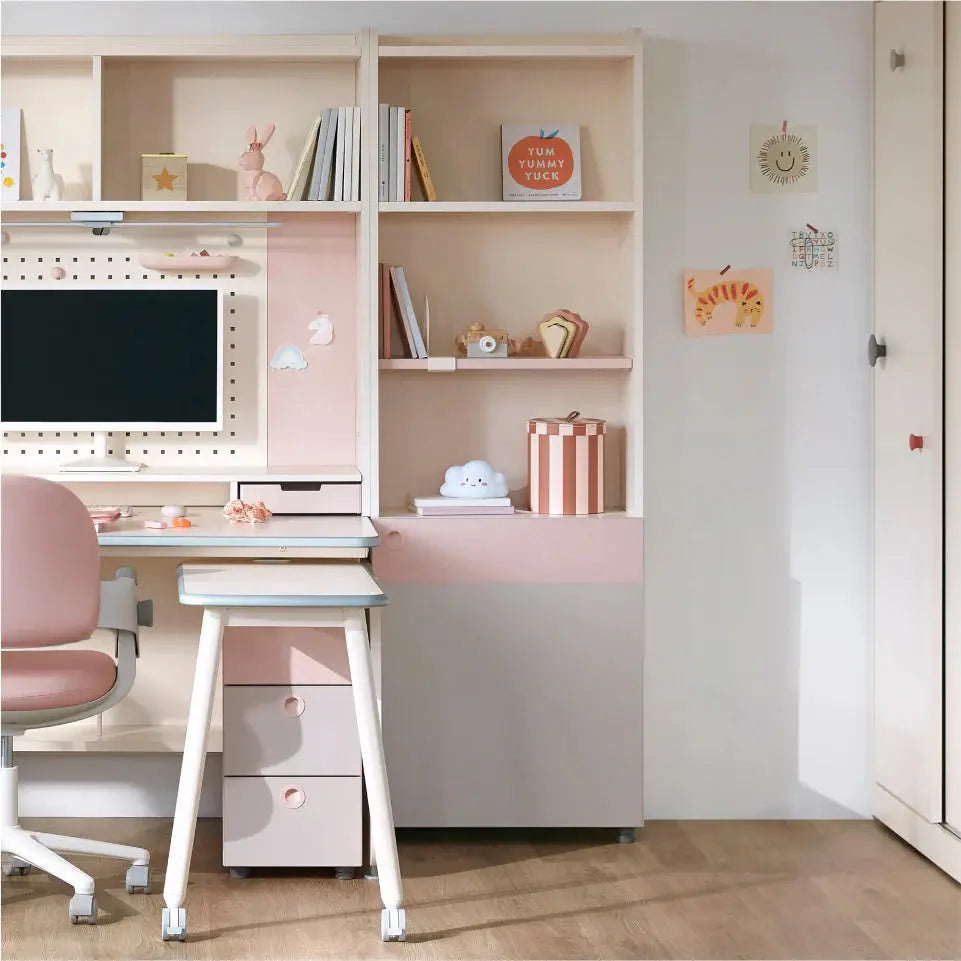 Iloom Linki Plus Smart Desk+ 6-Story Bookshelf in pink/white with monitor on desk and organized shelves.