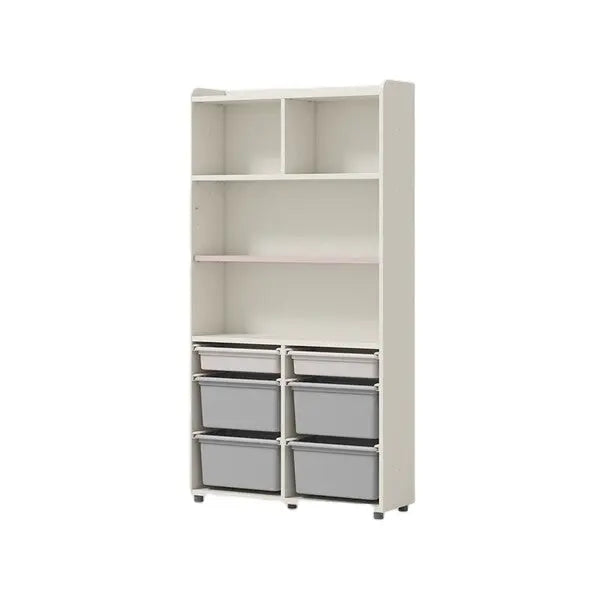 Iloom Linki Plus Smart Desk+ 6-Story Box Storage Shelf, white with six grey bins, neatly stacked.