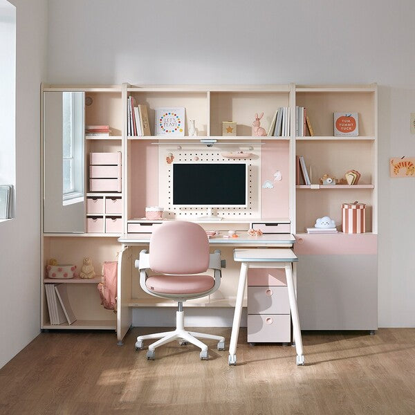 Iloom Linki Plus Smart Desk extension in pink and white with chair and built-in shelving unit